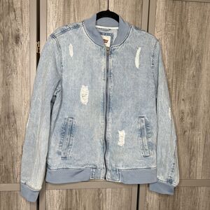 Levi's Denim Bomber Jacket Size M Distressed Full Zipper Acid Washed Blue